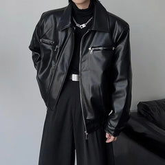 Threebooy 90s Streetwear Short Black Top Jacket for Spring and Autumn Men's Casual Lapel Thin Motorcycle Leather Jacket