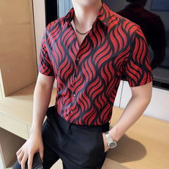 Threebooy Summer New Print Shirts Mens Half Sleeve Retro Casual Shirts Fashion Versatiles Business Slim Social Party Tuxedo Blouse