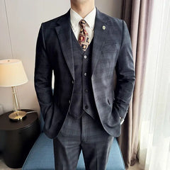Threebooy Elegante Men's 2 Piece High Quality Suit Groom Checkered Tuxedo One Button Slim Fit Wedding Groom Business Prom