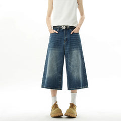Threebooy Oversized Baggy Men's Denim Shorts Summer Fashion Retro Casual Loose Wide-leg Calf-length Jeans Harajuku Y2K Streetwear Pants