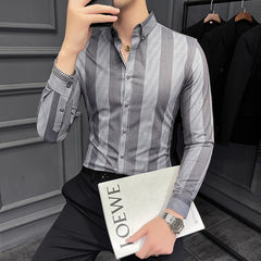 Threebooy Autumn New Striped Long Sleeve Shirt Men's Korean Slim Business Dress Shirts Casual Streetwear Social Party Tuxedo Chemise Homme