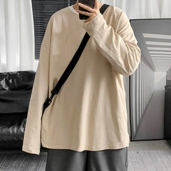 Threebooy Spring Multicolor Cotton T-shirt Men Fashion Solid Color Casual O-neck T Shirt Men Korean Loose Long-sleeved T-shirt Mens Tops