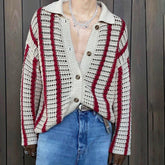 Threebooy Fashion Stitching Contrast Knitted Cardigan Men's Lapel Collar Niche Design Retro Sweater Unisex Coat Versatile Striped Knitwear