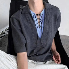 Threebooy Men Contrast Color V-Neck T-Shirt Lace Up Design Short Sleeve Loose Fit Casual Streetwear Tops Summer New Clothes