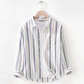 Threebooy Fashion Japan Style Men Linen Cotton Shirts Casual Stripe Long Sleeve Tops Single Breasted Male Loose Vintage Versatile Shirt