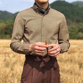 Threebooy Vintage Men Shirts Autumn New Lape Grid Pattern Gradient Color Single Breasted Business Casual Office Social Long Sleeve Tops
