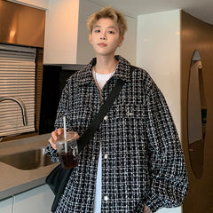 Threebooy Tweed Jacket Men coat Autumn new Checkered Lapel Collar Single Breasted Coat Fashion Slim Fit Trendy Youth Outerwear Blazer