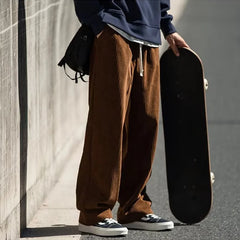 Threebooy Loose Waist Corduroy Casual Pants Straight Slim Design Wide Loose American Style Sensual Pants Men