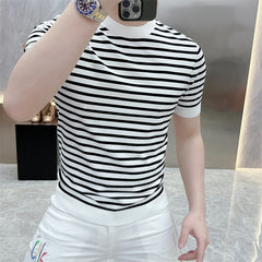 Threebooy Summer Striped Knitted Round Neck T-shirts Men Slim Fit Short Sleeve Casual Business Tshirt Ice Silk Breathable Knitwear M-4XL