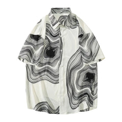 Threebooy Summer Short Sleeve Shirt Men Fashion Retro Print Shirt Men Loose Black White Ice Silk Shirts Mens Hawaiian Shirt Large Size