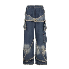Threebooy Mens Star Tassel Jeans Streetwear Hip Hop Multi Pockets Denim Pants Men 2025 Spring New Harajuku Washed Blue Cowboy Trousers