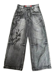 Threebooy Y2K American Vintage Fashion New Washed Old Printed Baggy Jeans Women Punk Rock Popular Casual Joker Couple High Waist Trousers
