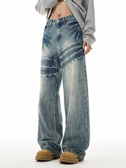 Threebooy Men's Fashion Design Baggy Jeans Vintage Blue Personality Youth Streetwear Wide Leg Pants Korean High Street Male Denim Trousers