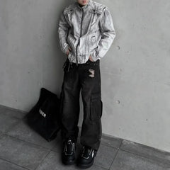 Threebooy American High Street Fashion Retro Y2k Coat Spring And Autumn Motorcycle Heavy Industry Stitching Washed Design Denim Jacket Men