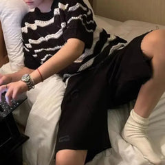 Threebooy Mens Knitted T-Shirt Black White Contrast Striped Top Streetwear Hollow Versatile Casual Short-Sleeve Tshirt Men'S Clothing