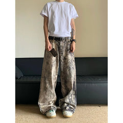 Threebooy American camouflage printed denim pants for men loose fit worn low waist wide leg casual pants