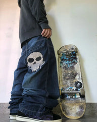 Threebooy Retro Y2k Pants Hip Hop Goth Oversized Skull Pattern Baggy Jeans Wide Legs Low Waist Sports Skateboard Denim Trousers Streetwear