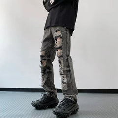Threebooy Y2K Streetwear Vintage Black Ripped Stacked Jeans Pants For Men Clothes Old Straight Hip Hop Trousers Pantalon Homme