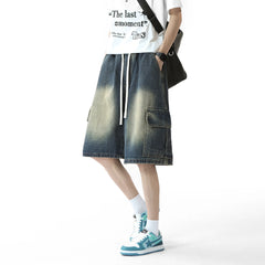 Threebooy Mens Denim Shorts Washed Cargo Drawstring waist Jorts Multi Pocket Workwear Casual Side Large Pockets Stretchy Waistband Outdoor