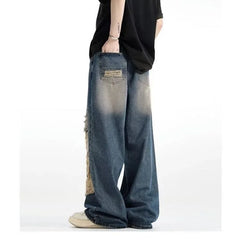 Threebooy Vintage ripped jeans men washed distressed loose wide legged straight leg floor length high street pants