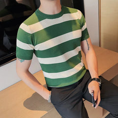 Threebooy Summer Short Sleeve Stripe T-Shirt Men Fashion Hollow Out Plaid Knitted Casual T-shirt Breathable Round Neck Tee Top Streetwear