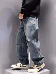 Threebooy New Men's Ripped Jeans Baggy Straight Fashion Vintage Blue Denim Pants Personality Streetwear Hip Hop High Quality Male Trousers