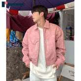 Threebooy Hip Hop PU Leather Lapel Jackets Mens Gradient Retro Short Zipper Cargo Coats Spring Autumn Streetwear Male Loose Bomber Outwear