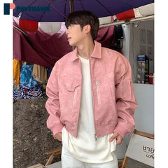 Threebooy Hip Hop PU Leather Lapel Jackets Mens Gradient Retro Short Zipper Cargo Coats Spring Autumn Streetwear Male Loose Bomber Outwear