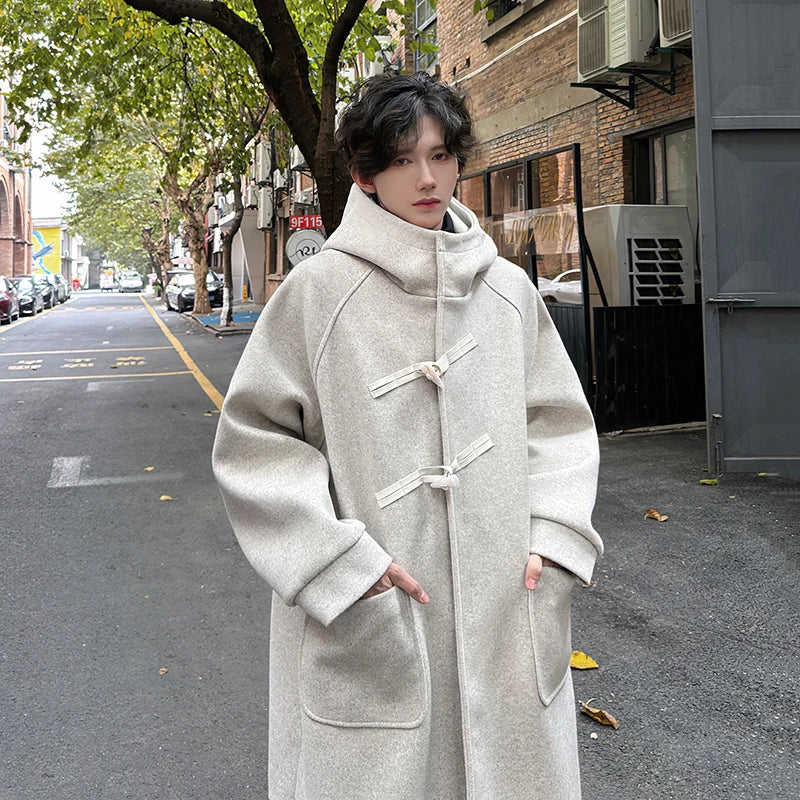 Threebooy High Street Horn Button Woolen Trench Men Preppy Casual Long Loose Windbreaker Winter Hooded Jacket Coats Fashion Trenchcoat