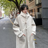 Threebooy High Street Horn Button Woolen Trench Men Preppy Casual Long Loose Windbreaker Winter Hooded Jacket Coats Fashion Trenchcoat