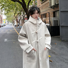 Threebooy High Street Horn Button Woolen Trench Men Preppy Casual Long Loose Windbreaker Winter Hooded Jacket Coats Fashion Trenchcoat