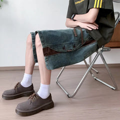 Threebooy Mens Loose Fit Summer Denim Shorts Elastic Waist Washed Blue Side Personality Design Casual Comfortable Fashion Trendy Outdoor