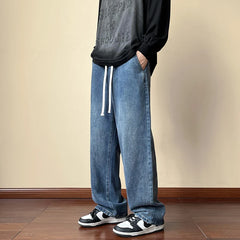 Threebooy Streetwear Men's Elastic Waist Wide Leg Baggy Jeans Korean Fashion New Autumn Retro Oversize Jeans Male Drawstring Design Pants