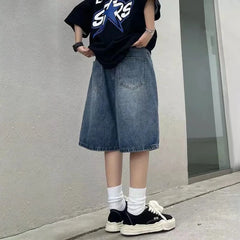 Threebooy Y2k Streetwear Sports Casual Jeans with Belt for Men Spring Summer New Genderless Fashion Loose Denim 5-point Pants Unisex