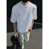 Threebooy Summer New Metal Button Men's T Shirt High Quality Cotton Short Sleeve Tops Breathable Round Neck Loose Black White Tee