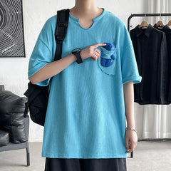 Threebooy Waffle Short Sleeve T-Shirts Solid Color Pocket Doll Bear Design O-neck Tops Oversize Summer Men's Clothes Loose Casual Tops