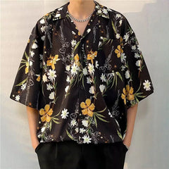 Threebooy Mens Shirt Ice Silk Pocket Printed Short Sleeve Shirt Summer Casual Hawaii Personalized High Street Retro Jacket Men's Clothing
