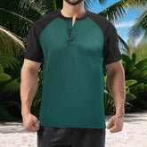 Threebooy Men Summer Casual Sporty Henley Collar Moisture Wicking Loose Color Block Polo Shirt