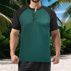 Threebooy Men Summer Casual Sporty Henley Collar Moisture Wicking Loose Color Block Polo Shirt
