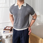 Threebooy New Trend Men Business Polo Shirt Light Luxury Popular Slim V Neck T-shirt Leisure Patchwork Short Sleeve Tops Retro Knitwear