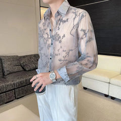 Threebooy Mens Shirts See-Through Plum Blossom Jacquard Shirts Summer Nightclub Niche Streetwear Youth Breathable Thin Tops Men'S Clothing