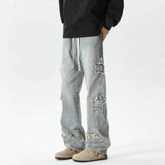 Threebooy Star Embroidered Men's Jeans Baggy Straight Elastic Waist Denim Pants Fashion High Street Hip Hop Streetwear Y2K Male Trousers