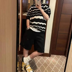 Threebooy Mens Knitted T-Shirt Black White Contrast Striped Top Streetwear Hollow Versatile Casual Short-Sleeve Tshirt Men'S Clothing