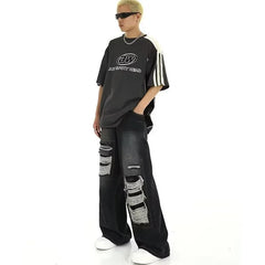 Threebooy Hole Patchwork Baggy Jeans Man Pants American Vintage Straight Wide Leg Pants Hip Hop Street Punk Y2k Jeans Loose Denim Trousers