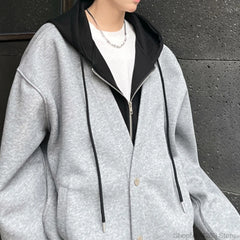 Threebooy Mens Fake Two Piece Zipper Hoodie Jackets Casual Loose Hooded Coat Male New Jackets Men Autumn Outwear Korean Trendy Clothing