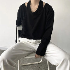 Threebooy Autumn Fashion Personality Fake Two-Piece Double-Layer Collar Niche Long-Sleeved T-Shirt Men'S Korean Version Inner Design Top