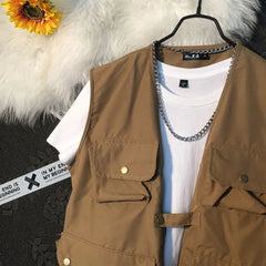 Threebooy Summer New Men's Cargo Sleeveless Solid Color Vest Multi-Pocket American Retro Fashion Casual Trend Street Loose Men's Tops