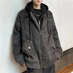 Threebooy Mens Street Fashion Casual Loose Trendy Fake Two-Piece Woolen Hooded Jacket Autumn Winter High-End Lazy Casual Versatile Jacket