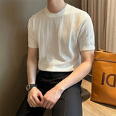 Threebooy Men's Clothing Fashion Hollow Out Tops Knit Luxury O Neck Short-sleeved T-shirt Leisure Korean Popular Retro Slim-fit Knitwear
