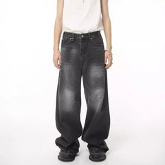 Threebooy Street Fashion American Retro Black Gray Denim Pants Trendy Denim Zipper Wide Leg Loose Straight Leg Pants